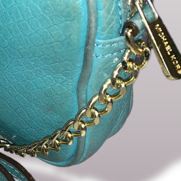 Michael Kors Luxury Leather Hamilton Sling Crossbody Bag in Turquoise & Gold - Picture 12 of 15